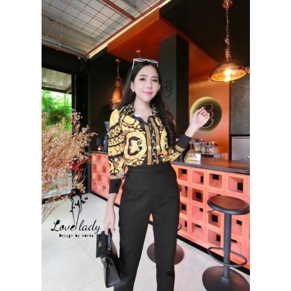 💖พร้อมส่ง💖 ชุดเซ็ท เสื้อแขนยาวลายเวอร์ซาเช่ versace +กางเกงขายาวป้ายlove ladyมือ1
