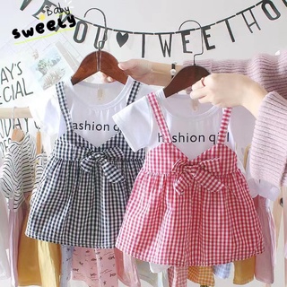 Baby sweety ♥ พร้อมส่ง ชุดเดรสแขนสั้น เด็กผู้หญิง ลายสก็อต ผ้านิ่ม ใส่สบาย 0-3 ขวบ ชุดเดรสกระโปรงสำหรับเด็กผู้หญิง