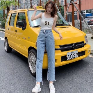 🌷👖MKL👖🌷 กางเกงยีนส์ขายาว ทรงกระบอก เอวสูง ปลายขารุ่ย กางเกงยีนส์ขายาวผู้หญิง 🔥⚡ #8058