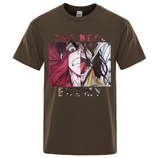 เสื้อผ้าผชเสื้อยืดแขนสั้น ผ้าฝ้าย พิมพ์ลายการ์ตูน Attack On Titan The Real Enemy คุณภาพสูง แฟชั่นฤดูร้อน สําหรับผู้ชายS-