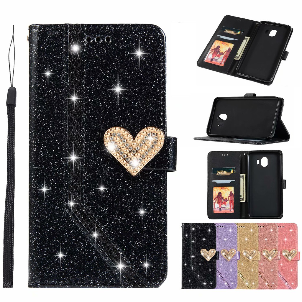 เคส case Samsung Galaxy M10 A10 A51 A71 A5 A7 J3 J4 J6 J8 A6 A8 A9 Plus 2018 Plus Bling Glitter Flip Soft Leather Phone Case