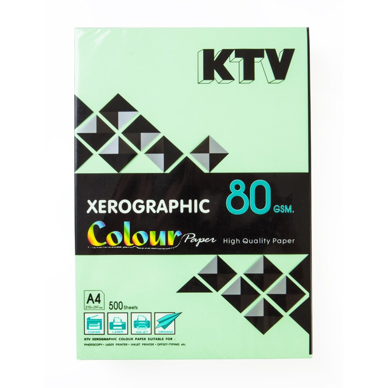 กระดาษสีถ่ายเอกสาร A4 80 แกรม สีเขียวเข้ม 500แผ่น KTV Copy color paper A4 80 gram dark green 500 she