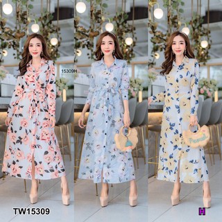 J15309 Dress แม็กซี่เดรสเชิ้ตผูกเอวพิมพ์ลายดอกไม้ Maxi dress with floral print waist tie