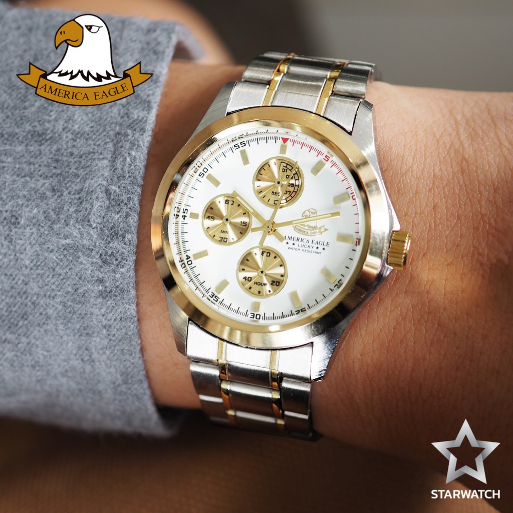 นาฬิกา AMERICA EAGLE สำหรับสุภาพบุรุษ สายสแตนเลส รุ่น AE010G - SilverGold/White