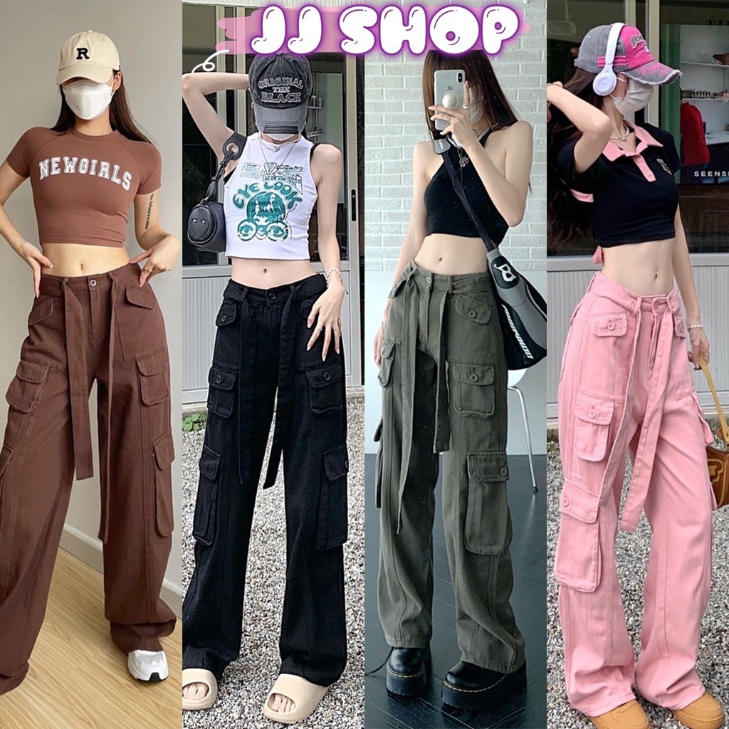 JJ shop พร้อมส่ง กางเกงยีนส์ขายาว พร้อมมีเชือก ตรงเข็มขัดทรง cargo ใส่แล้วเท่เก๋ๆ "198-NZ"