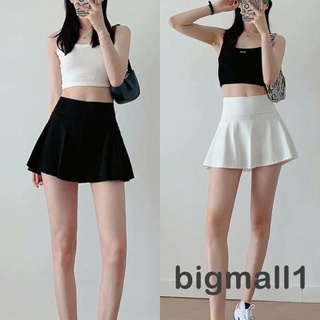 Bigmall- กระโปรงเทนนิส เอวสูง ผ่าข้าง พร้อมซับใน สีพื้น สําหรับผู้หญิง ใส่ออกกําลังกาย วิ่ง