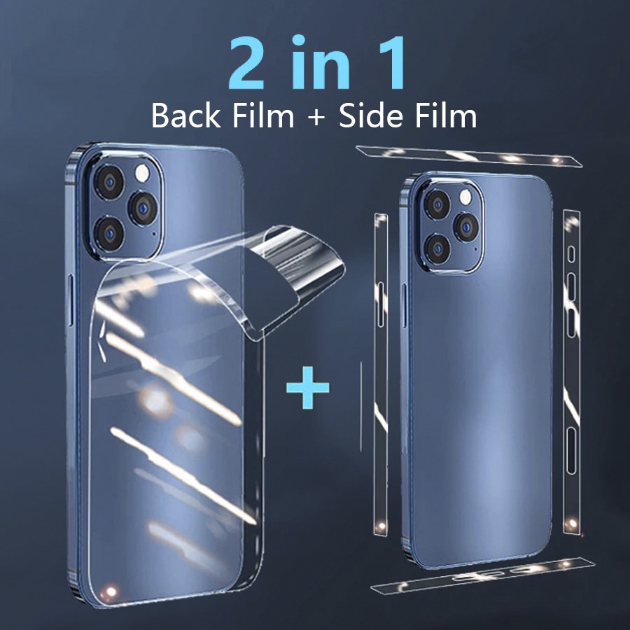 2 in 1 Front ฟิล์มด้านหลัง + ปุ่มด้านข้าง สติกเกอร์ กรอบ ฟิล์ม ด้าน ไฮโดรเจล TPU ป้องกันหน้าจอ For iPhone 13 12 14 15 16 Pro Max 15 16 Plus