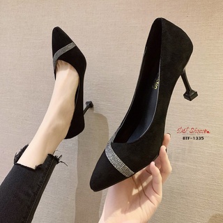BTF-1335 รองเท้าคัชชูส้นสูงหัวแหลม ดีไซน์ด้านหน้าคาดแถบผ้าเลื่อม