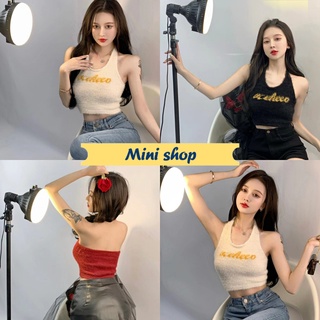 Mini shop🌸พร้อมส่ง🌸(67102) เสื้อไหมพรมคอหล้อง ขนมุ้งมิ้ง เซ็กซี่เว้าหลังแซ่บๆ