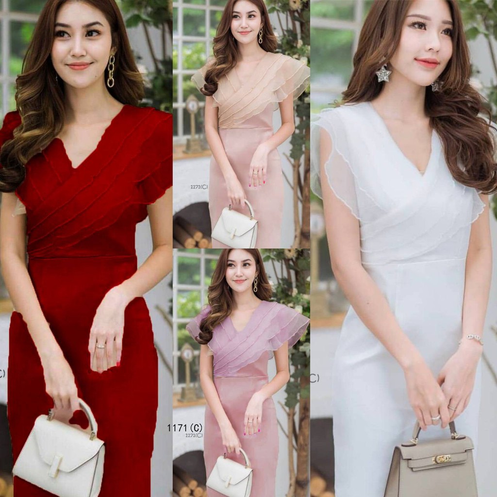 BS1171 เดรสแต่งระบาย เนื้อผ้าซาร่าสีพื้น คอวีป้ายแต่งระบายด้วยผ้าแก้วคลุมไหล่ งานเป็นซิปหลัง เรียบหรู ดูดีสุดๆ