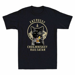 ลดกระหน่ํา เสื้อยืดลําลอง แขนสั้น คอกลม พิมพ์ลาย Eat Pussy Chug Whiskey Hail Satan สีดํา สไตล์วินเทจ สําหรับผู้ชาย HDngm