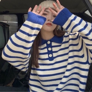 💙เสื้อแขนยาวลายทางคอโปโล เสื้อแขนยาวไหมพรมสไตล์วินเทจ เสื้อลายทางน่ารัก เสื้อยืดแขนยาวคอปก เสื้อกันหนาวน่ารัก
