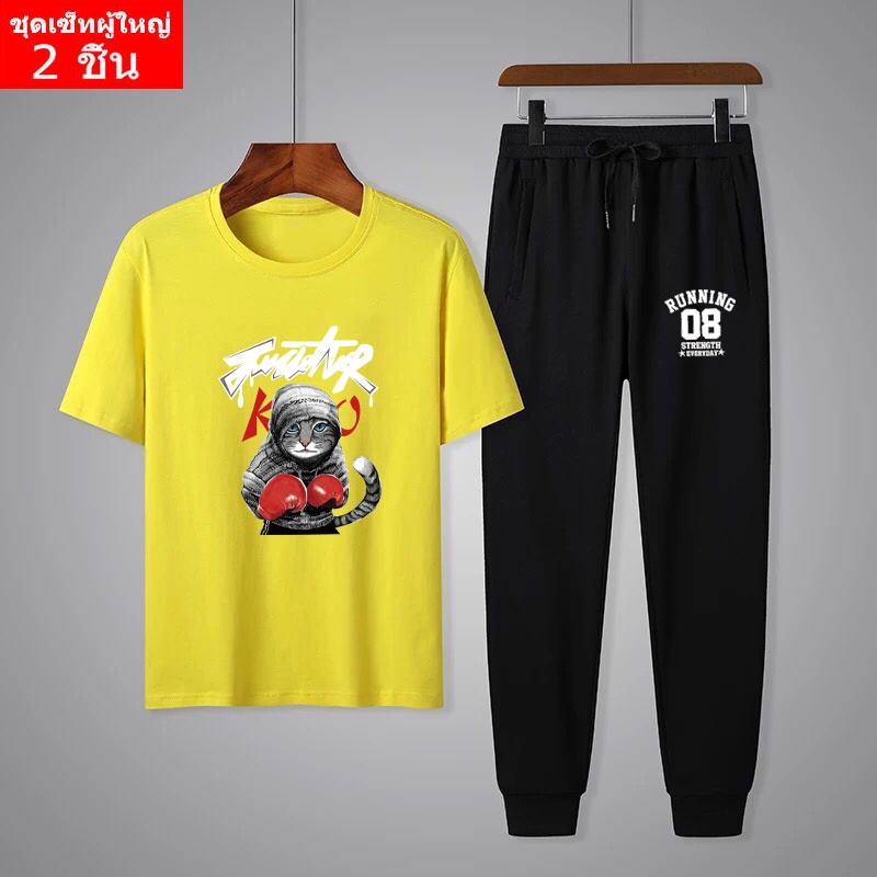 **BK411+KU355**ชุดเซ็ทแฟชั่นเกาหลี เสื้อยืดแขนสั้นสกรีนลาย+กางเกงขาจั๊มทรงออกกำลังกาย ใส่ได้ทั้งหญิง