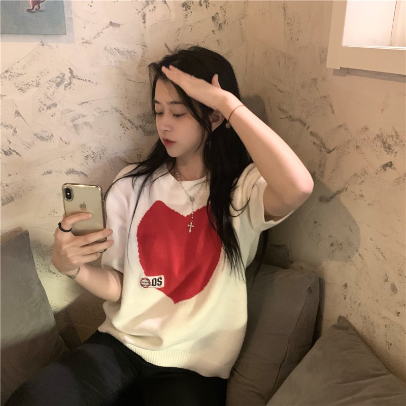 mimi&didi 9042 เสื้อยืด เสื้อกันหนาว แขนสั้นไหมพรม งานพิมพ์ตัวใจใหญ่ ทรงหลวมแขนเจ้าหญิง น่ารักมากกก