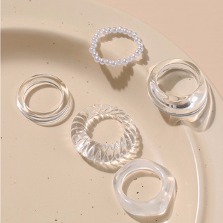 แหวนเรซิ่นใสเซ็ต 5pcs Clear Faux Pearl Decor Ring