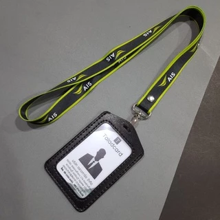 สายคล้องบัตร AIS สายใหญ่สีดำเขียว พร้อมซองหนังใส่บัตร Taladcard