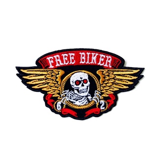 Free Biker โครงกระดูก ปีก สีแดง-ทอง  ไบค์เกอร์ งานเท่ห์ๆ ตัวรีดติดเสื้อ ตัวรีด (Size M) อาร์มรีด อาร์มรีดติดเสื้อ