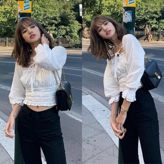 Blackpink Lisa Style Korean Chic Girl Casual Puff Sleeves Short Shirt เสื้อแฟชั่นผู้หญิ Women Fashion Tops สื้อเชิ้ต