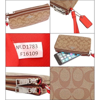 ของแท้ COACH F16109 DOUBLE ZIP WALLET IN SIGNATURE COATED CANVAS SILVER/LT KHAKI/ORANGE RED/SILVER