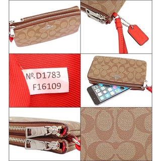 ของแท้ COACH F16109 DOUBLE ZIP WALLET IN SIGNATURE COATED CANVAS SILVER/LT KHAKI/ORANGE RED/SILVER