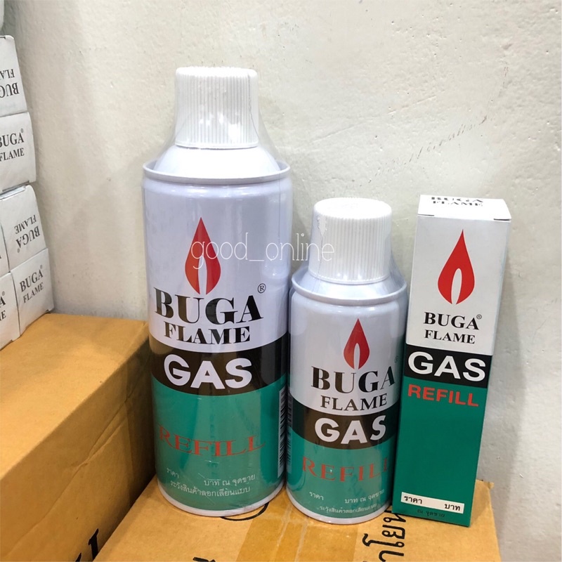 แก๊สกระป๋องสำหรับเติมไฟแช็ค BUGA FLAME GAS แก๊สเติมไฟฟู่  มีให้เลือกขวดใหญ่/ขวดกลาง/ขวดเล็ก