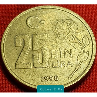 เหรียญต่างประเทศ ตุรกี ปี 1995 - 2000 สภาพผ่านใช้ ชนิด 25 Bin Lira เหรียญขนาด 26 มม. หนาสวยงามตามภาพน่าสะสม