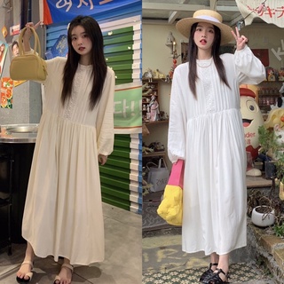 พร้อมส่ง Maxidress เดรสลายพื้น เดรสสีขาว เดรสเรียบร้อย เดรสทรงoversize เดรสกระโปรง เดรสแขนตุ๊กตา เดรสคอกลม งานป้าย