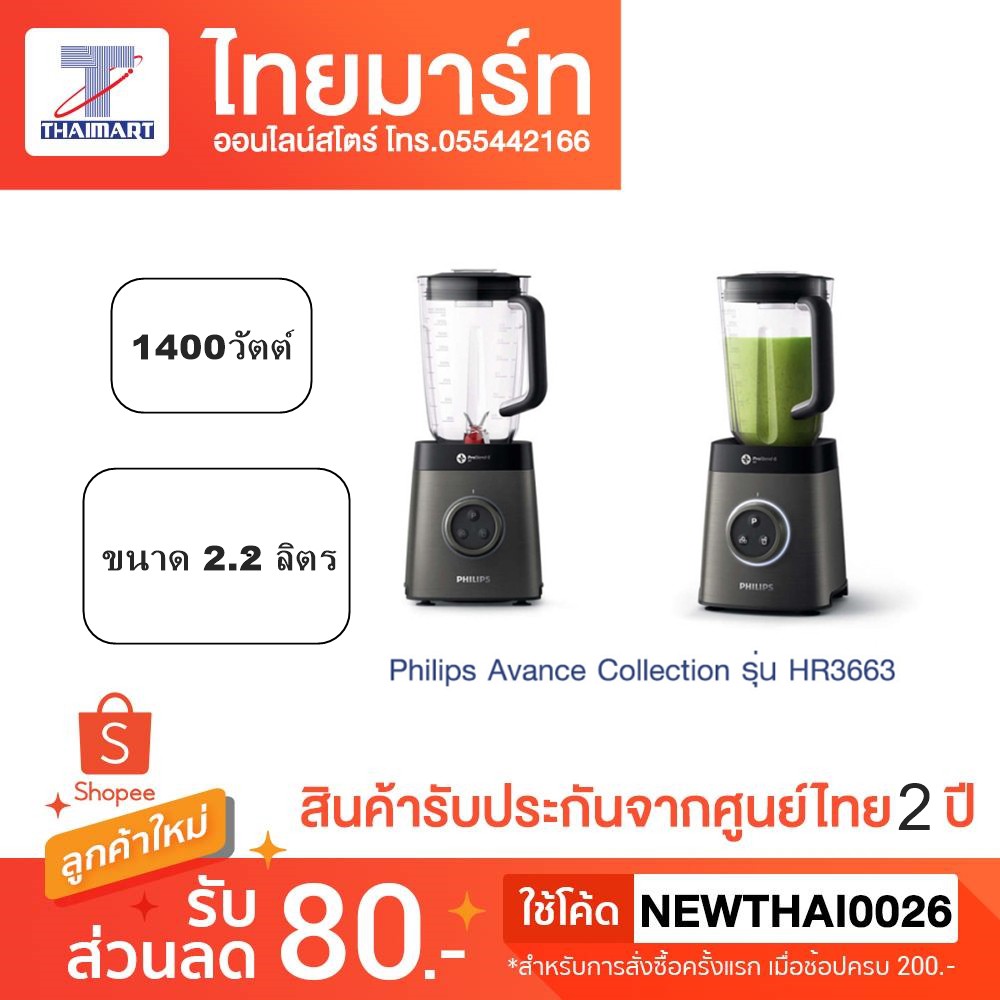 PHILIPS รุ่น HR3663 เครื่องปั่นสมูตตี้ เครื่องปั่นน้ำผลไม้ พลังปั่น 35000 รอบต่อนาที