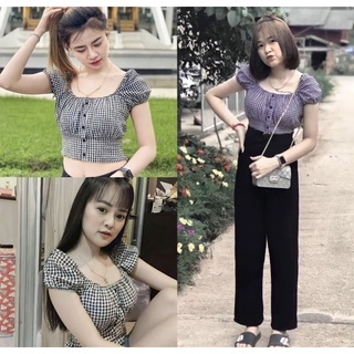 เสื้ออครอปลายสก๊อตแขนดอลลี่ แต่งกระดุมหน้า ใส่แล้วสวย❤️