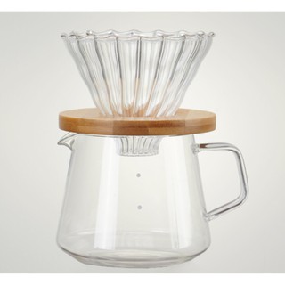 ชุดแก้วดริปกาแฟแก้วฐานไม้ เหยือกกาแฟทนร้อน ขนาด 300 ml.