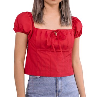 CALLA CREATIV เสื้อคร็อป ผู้หญิง ดีเทลจีบ แขนตุ๊กตา สีแดง Celena Top - Red