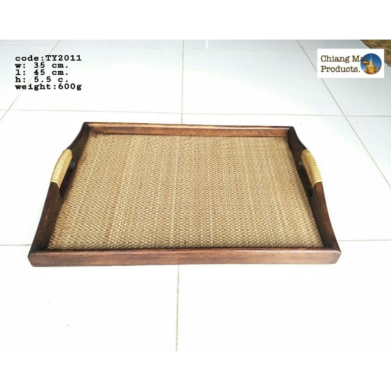 ถาดไม้ ถาดเสริฟอาหาร ถาดไม้มีหูจับ ขนาด 35*45*5.5 เซน แบบเสื่อขาว