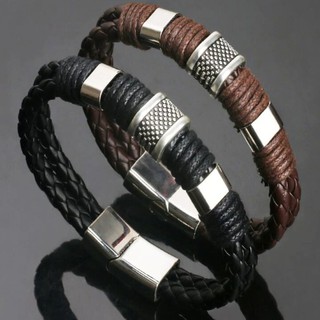 สร้อยข้อมือ กำไล ข้อมือ หนัง Genuine Leather Bracelet Men Homme Multi-layer Silver Magnet Buckle Mens Bracelets Punk Men