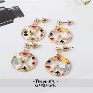 ʕ •ᴥ•ʔ ✿ พร้อมส่ง : ต่างหูระย้าวงกลมลายอลิซท่องแดนมหัศจรรย์ | Alice In Wonderland Circle Enamel Drop Earring.