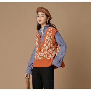 shein*พร้อมส่ง*เสื้อกั๊ก ดอกทันตะวัน เสื้อกั๊ก คอวี แขนกุด พิมพ์ลาย แฟชั่นสำหรับผู้หญิงใส่สวย ดูหรูหรา0389