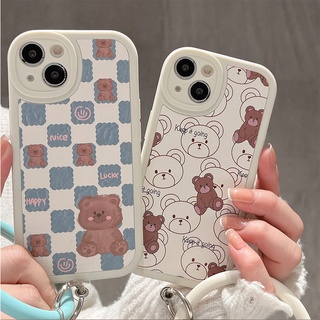 เคสโทรศัพท์มือถือ ลายหมี ลายสก๊อต สีฟ้า พร้อมสายคล้องมือ สําหรับ OPPO A16 A3S A5 A31 A5S A12E A7 A12 F9 F11 A53 A95 A74 A54 A33 A9 2020 A15 A15S A52 A92