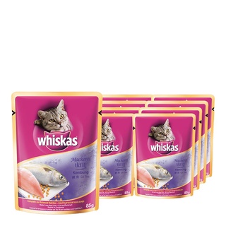 วิสกัส เพาช์ อาหารแมว รสปลาทู 80/85 กรัม แพ็ค 12 ซอง อาหารแมว Whiskas Pouch Cat Food with Mackerel 85g x 12 Packs