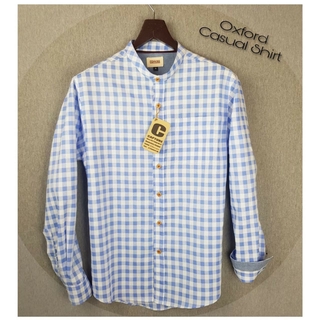 เสื้อเชิ้ตแขนยาว คอจีน ผ้า Oxford ทอลายสก็อตกลาง สีฟ้า มีไซส์ M-2XL