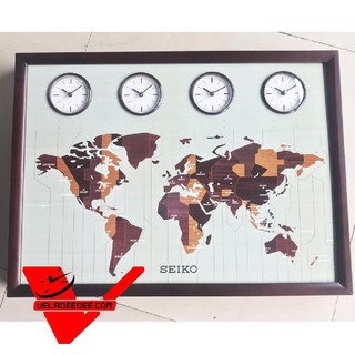 SEIKO Multi-Time Clock นาฬิกาแขวนไม้แท้ แผนที่โลก ทรงเหลี่ยม 24 นิ้ว รุ่น QXA648B SEIKO Multi-Time Clockนาฬิกาแขวนไม้แท้