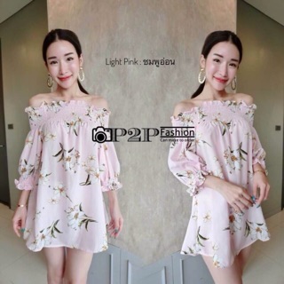 NO.110  Floral Off-Shoulder Dress  เดรสปาดไหล่ สม๊อกอก  ลายดอกสีหวานสดใส