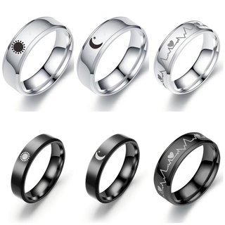 แหวนสแตนเลสสีเงินสีดำสำหรับคู่รัก Sun Moon Heart Ring [ของขวัญวันวาเลนไทน์]