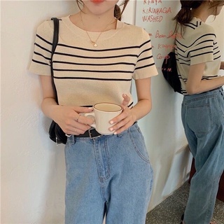 🌹Kaykai_Shop🌹พร้อมส่งสื้อไหมพรม คอกลม ลายขวาง สวมใส่สบาย สไตล์เกาหลี #B32