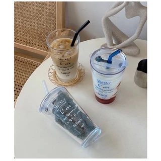 แก้วน้ำใสสไตล์ฝรั่งเศส 400ml พร้อมหลอด-rench clear tumbler with straw ถ้วยกาแฟ-มีหลอดและฝาปิด