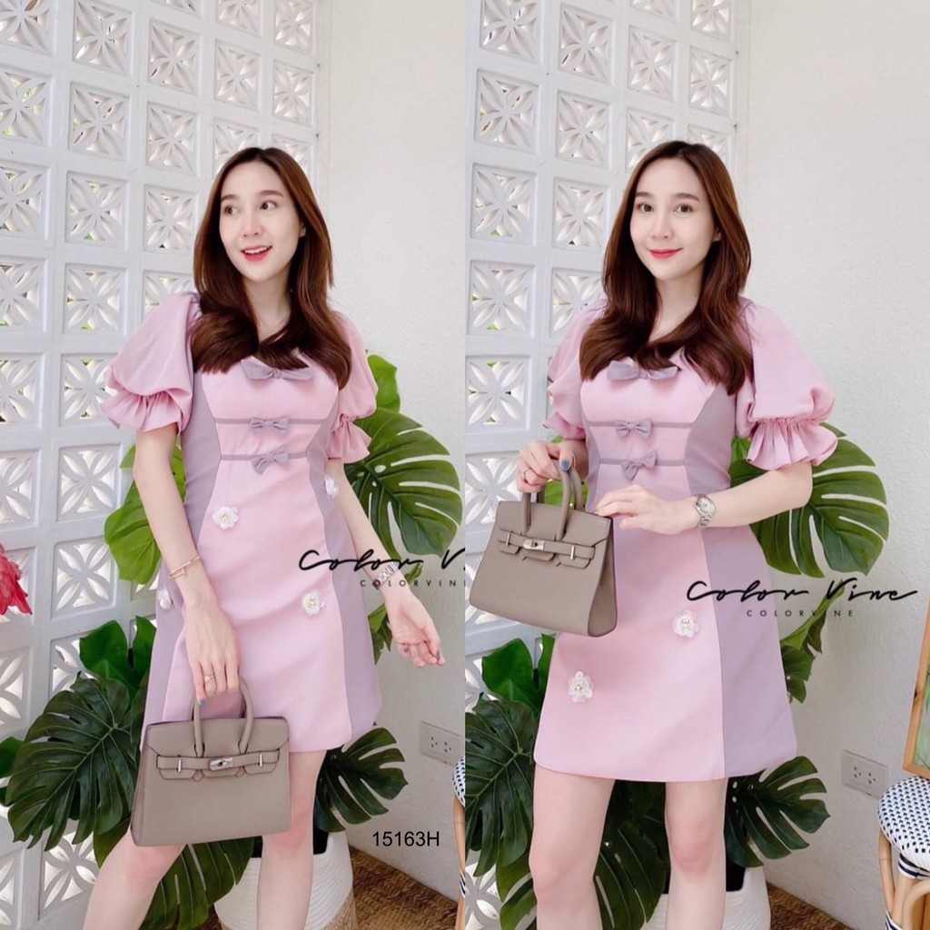 G15163  เดรสแขนพองอกติดโบว์