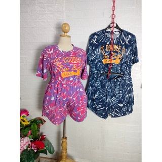 งานเช็ดทเสื้อยืดคอกลม ลายมัดย้อม 2 สี ชมพู,กรม