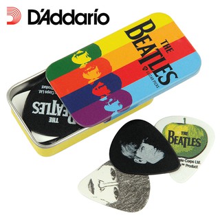 DAddario® 1CAB4-15BT2 ปิ๊กกีตาร์ พร้อมกล่องโลหะ ลายศิลปิน The Beatles (1 แพ็ค มี 15 ตัว, 3 ดีไซน์, หนา 0.7 มม)