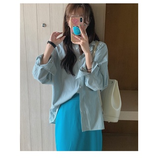 💗SMD2818 เสื้อเชิ้ตแขนยาวลายทางสีฟ้าสไตล์เกาหลี 🌸มีกระดุมทั้งข้างหน้าเเละข้างหลัง🌸 เชิ้ตผู้หญิงเก๋เก๋ ระบายความร้อนดี🍃