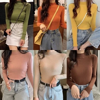 พร้อมส่ง🚚 เสื้อแขนยาวแฟชั่นผู้หญิง เสื้อคอเต่าสีพื้นผ้าไหมพรม ผ้านิ่มใส่สบาย