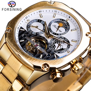 Forsining Tourbillon Moon Phase Mechanical Watch Mens Steampunk Luxury Gear Self Winding Golden Steel Automatic Clock Wr