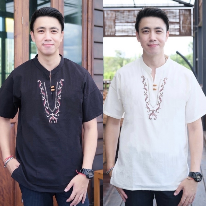 เสื้อคอจีนชายแขนสั้นปักสร้อย